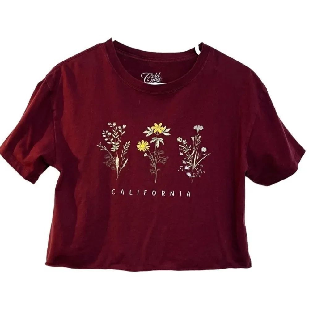 Cold Crush Floral Raw Edge Short Sleeve Crop Top Maroon Red Size Medium - Picture 3 of 5